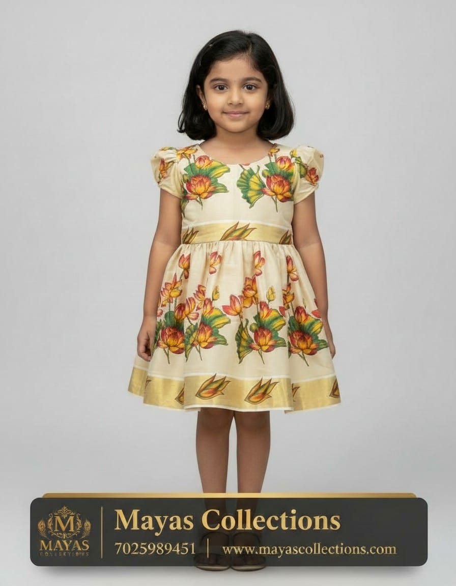Kerala Traditional Lotus Print Frock for Girls